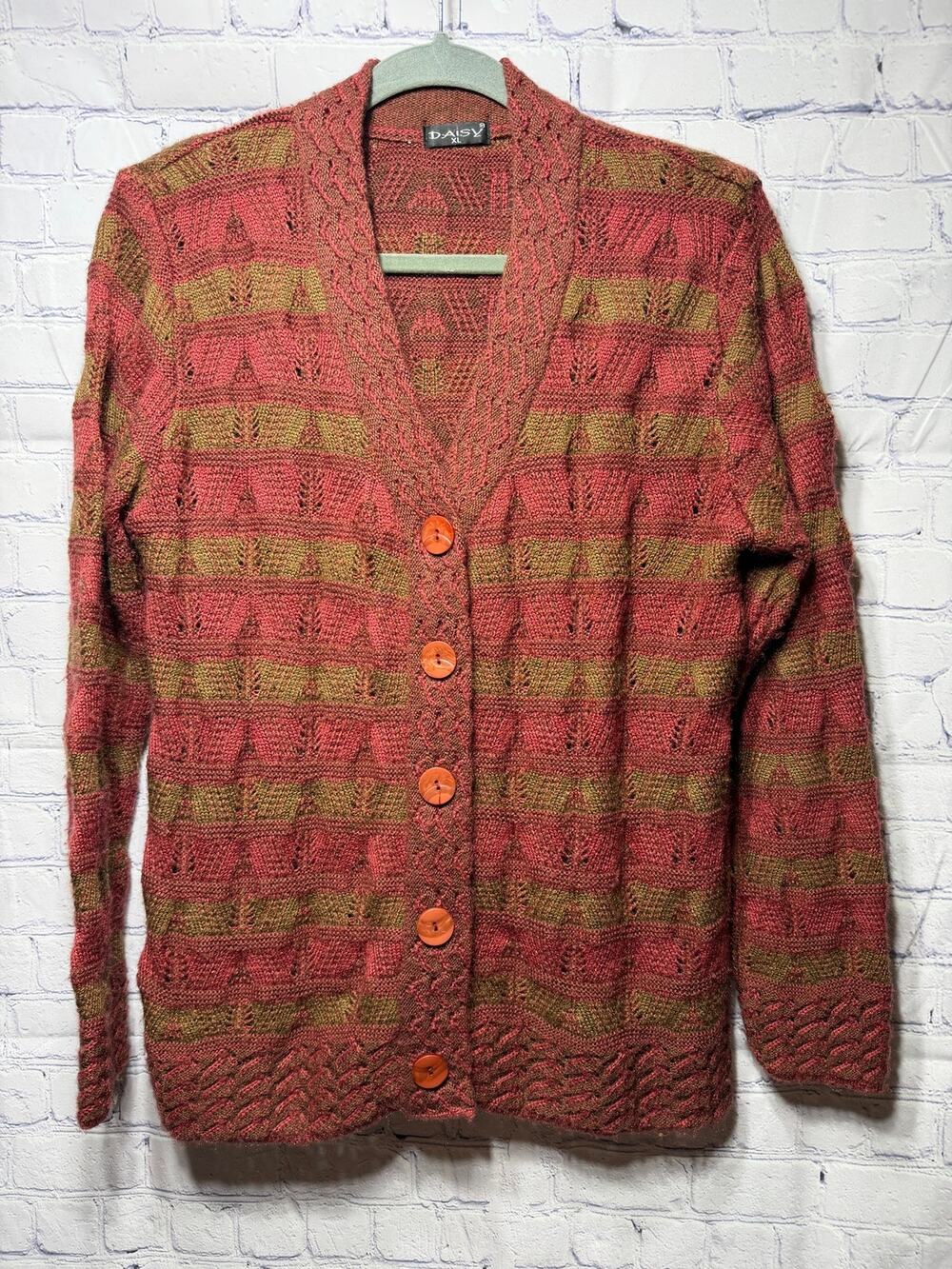 Daisy VTG Crochet Cardgian Dark Colors Sz XL Whimsigoth Grunge Layer